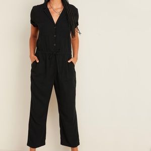 Waist-Defined Button-Front Utility Jumpsuit M Tall